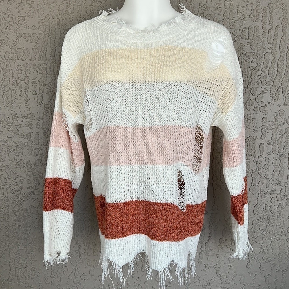 Le Lis Distressed Striped Knit Sweater Shark Bite Hem Boho Size S - Picture 2 of 8